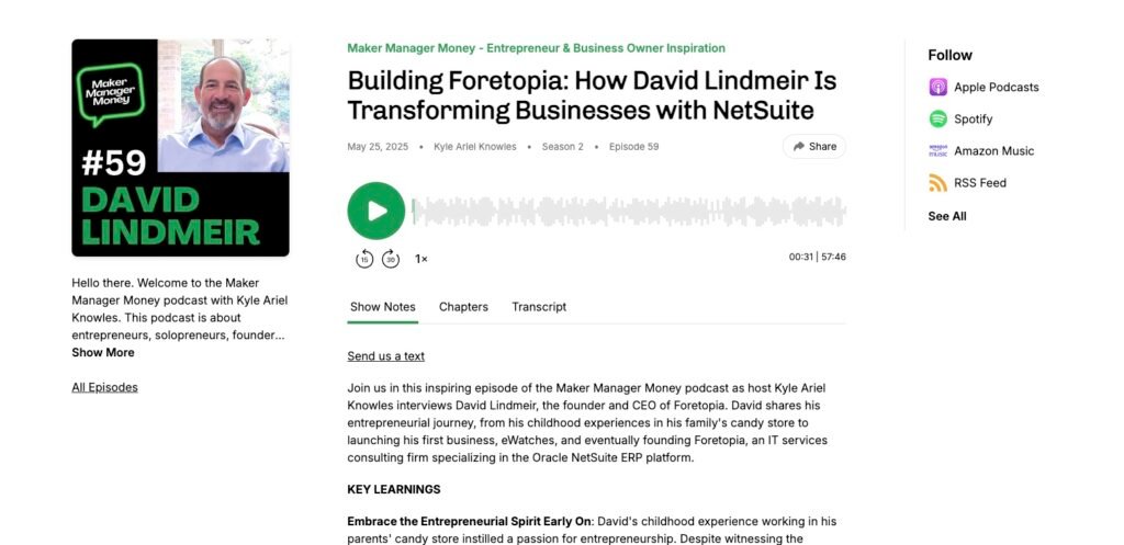 Image shows screenshot of a page for the Maker Money Manager podcast and an episode featuring Foretopia founder David Lindmeir